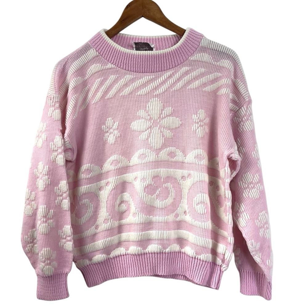 VTG Cottage Knit Sweater Pink MD 80s Grannycore Feminine Ski Revival Winter
